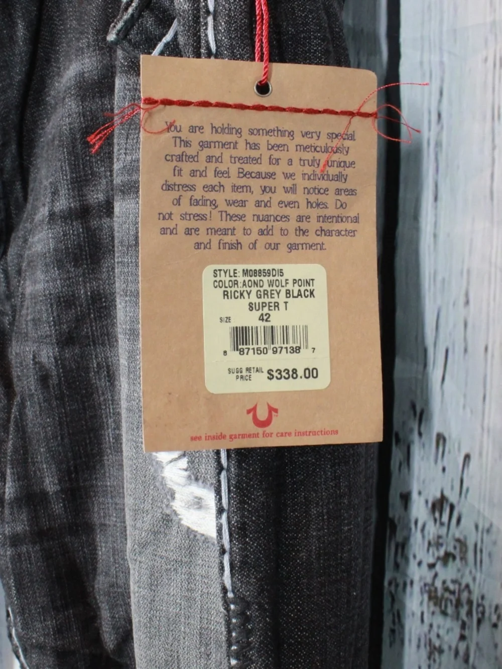 True Religion Ricky Super T Black Grey Jeans Size 42 White Yellow Stitch NWT